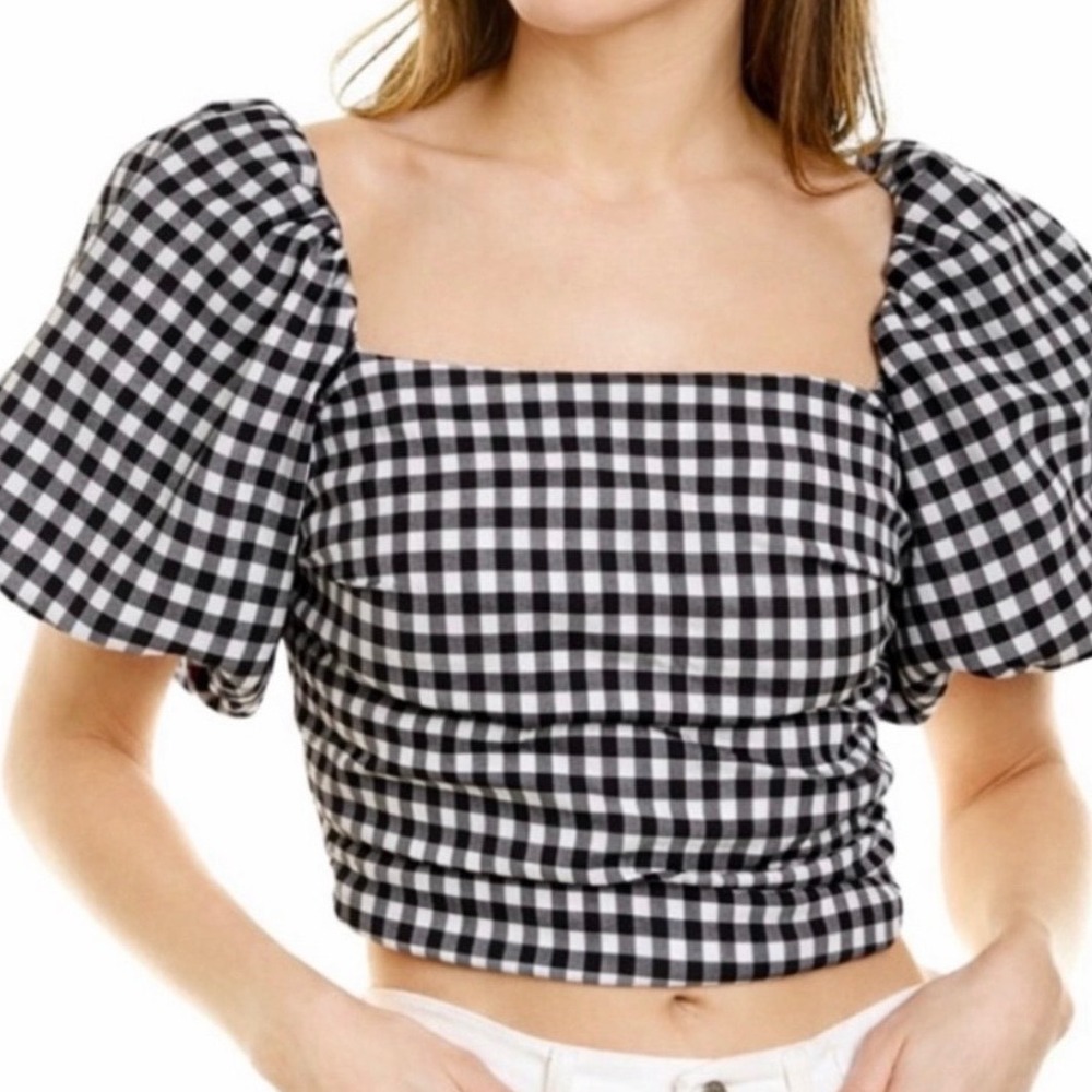 Mimosa Black White Gingham Puff Sleeve Smocked Crop Top MT1311 Womens Medium